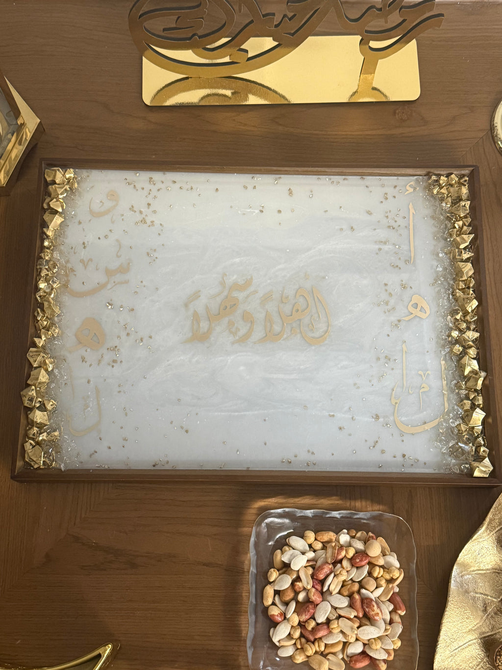 Wooden tray with resin white and gold accent “اهلا و سهلا"
