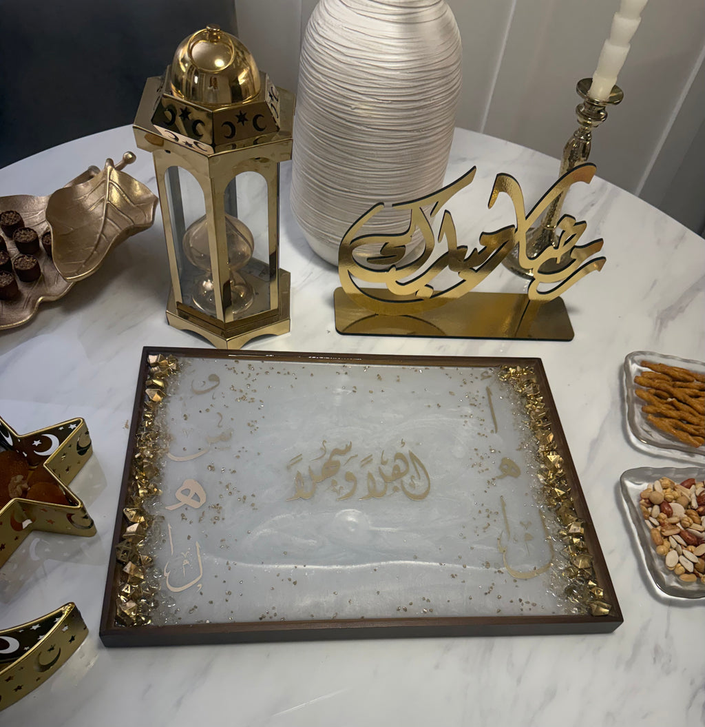 Wooden tray with resin white and gold accent “اهلا و سهلا"