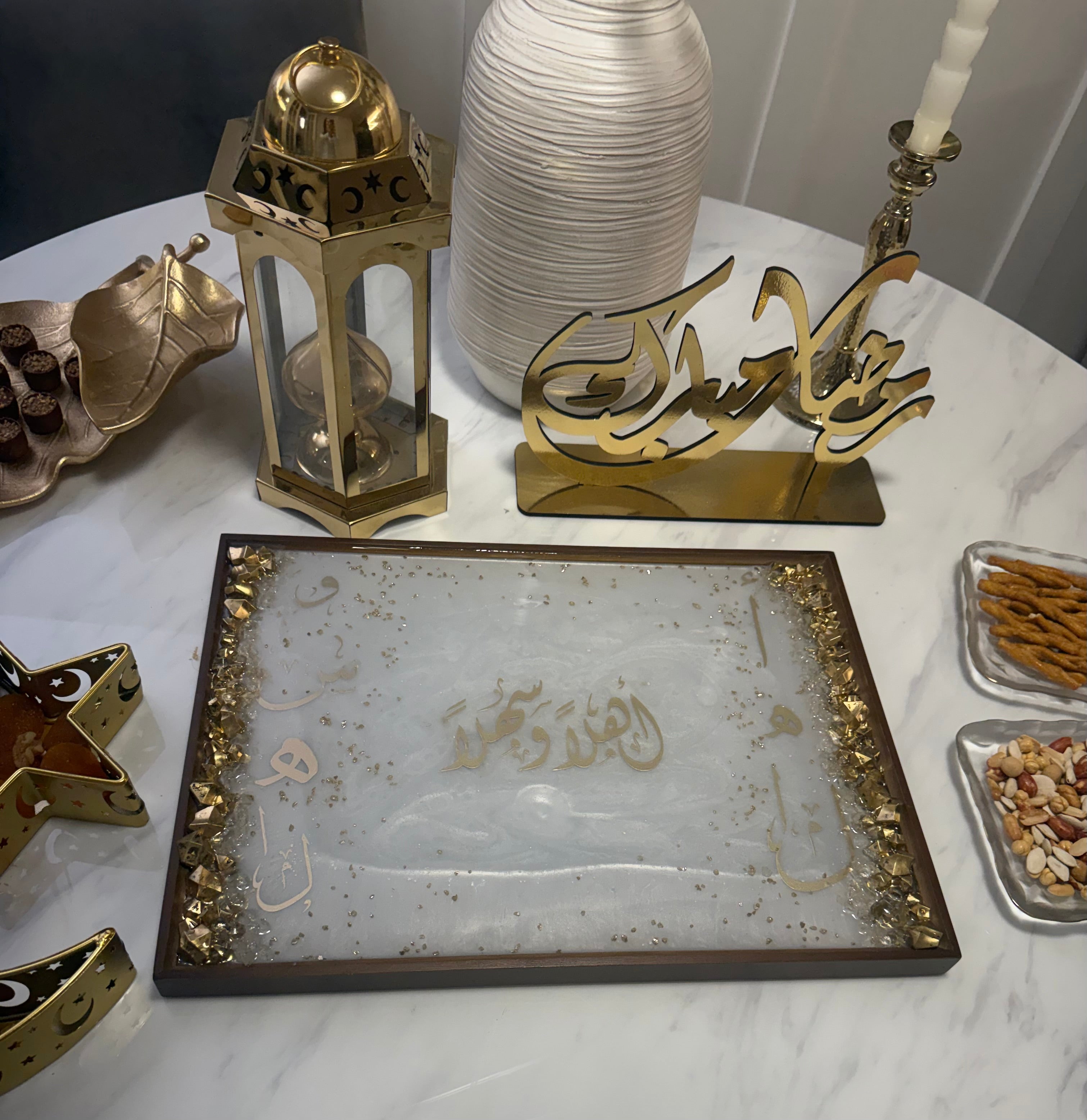Wooden tray with resin white and gold accent “اهلا و سهلا"