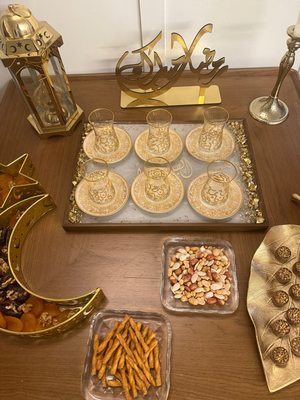 Wooden tray with resin white and gold accent “اهلا و سهلا"