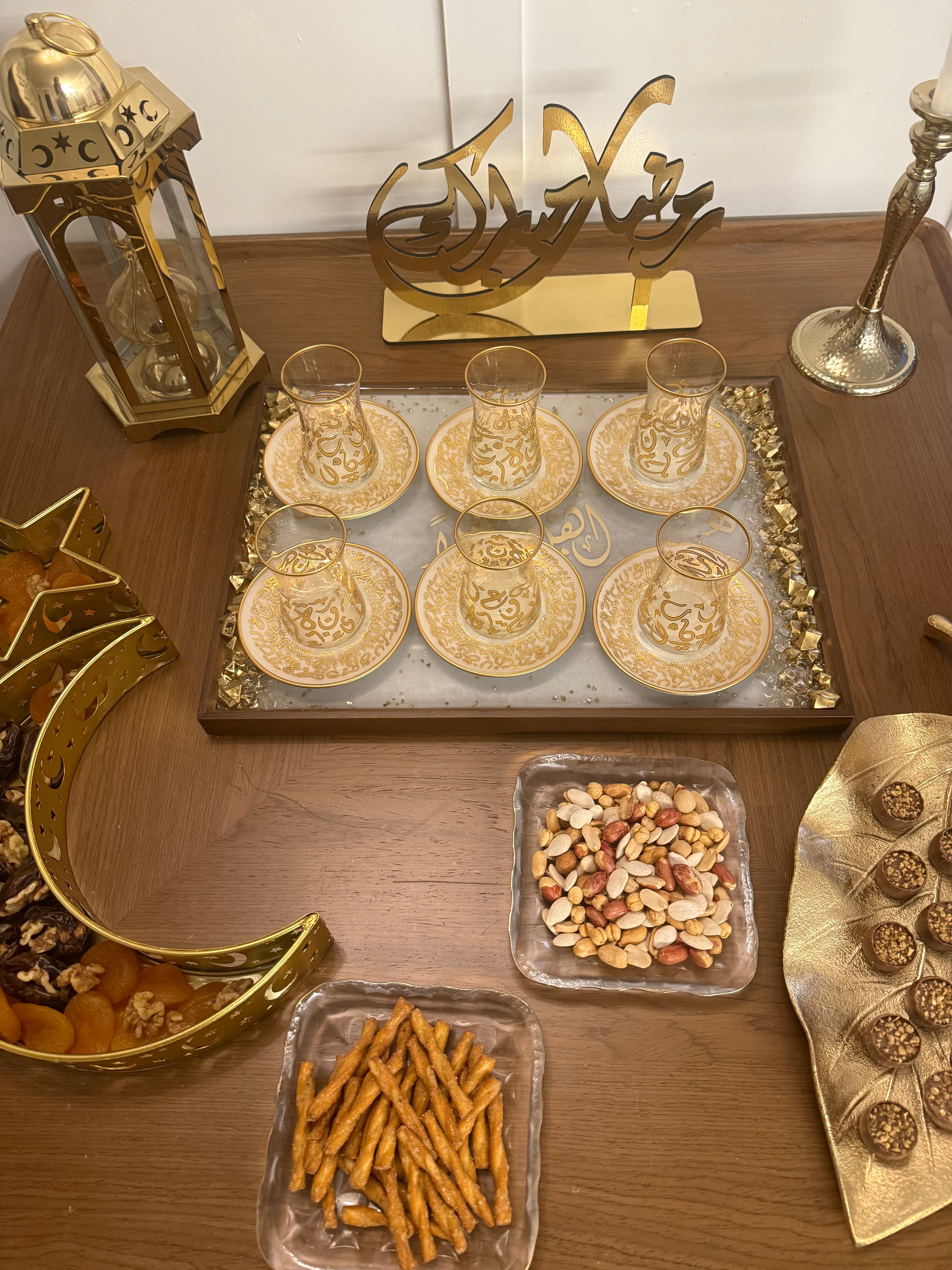 Wooden tray with resin white and gold accent “اهلا و سهلا"